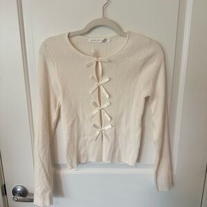 Altar'd State Cream Ribbed Tie Front Bow Top, Women’s XS